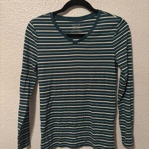 Faded Glory Teal and White Striped V-Neck Top